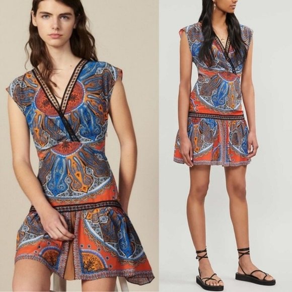 Sandro Dresses & Skirts - NWT Sandro Paris Paisley fit & flare orange blue wrap mini dress